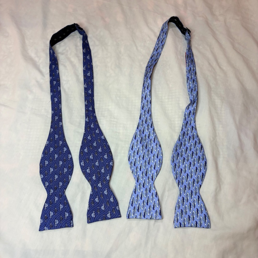 Vineyard Vines Mens Silk Bow Tie Set 2 Blue Nautical Sportfish Boats Sailfish